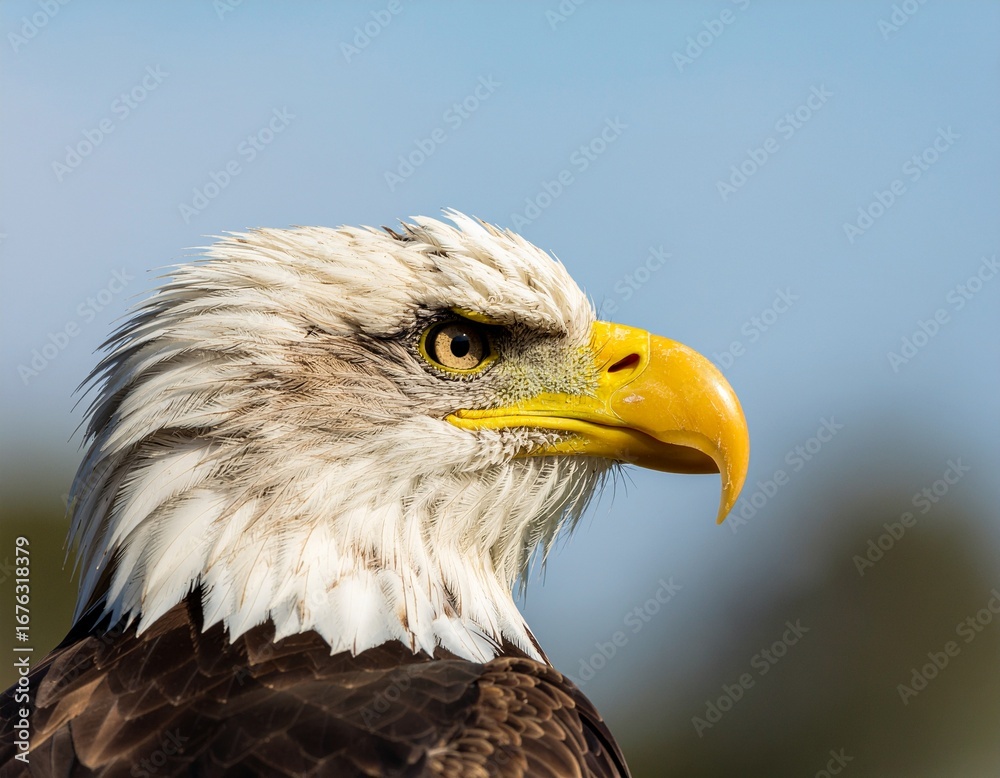 Obraz premium Bald Eagle Close-Up Profile with Sharp Yellow Beak and Intense Eyes.