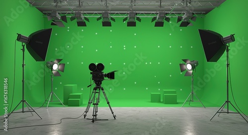 Film Studio Green Screen Setup with Lighting and Camera chroma key studio lights film camera tripod movie production video production filmmaking