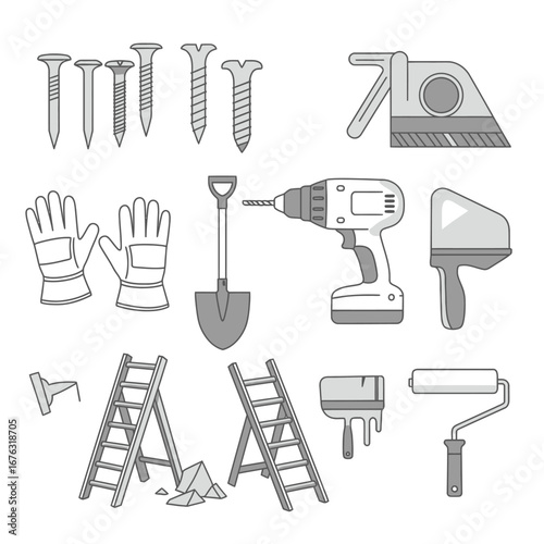 Vector illustration of construction and home improvement tools: drills, ladders, paint rollers, fasteners, and gloves, perfect for DIY projects.