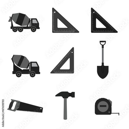 This graphic presents a diverse array of essential construction and building tools, featuring heavy machinery, precise measuring instruments, and various hand tools.