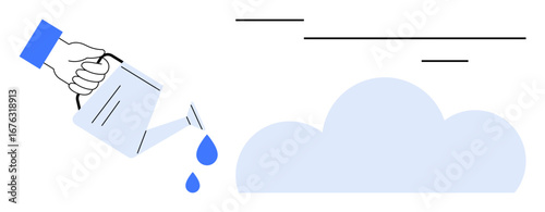 Hand uses watering can to pour water droplets onto blue cloud, emphasizing growth, nurturing, innovation, sustainability, creative thinking, climate action, and resource management. Simple flat