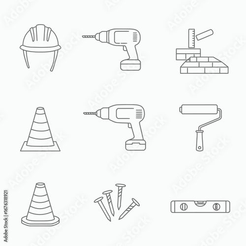 This clean line art icon set showcases essential construction and building tools, ideal for illustrating home improvement, repair, and renovation concepts.