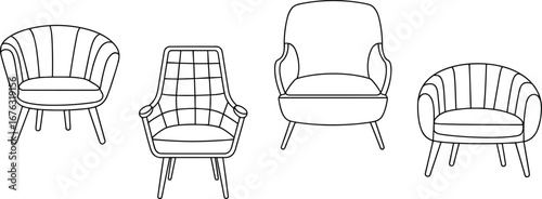 Armchair furniture vector illustration, four different upholstered chair designs with unique backrests and armrests, isolated on white background, interior seating concept, cad drawing style