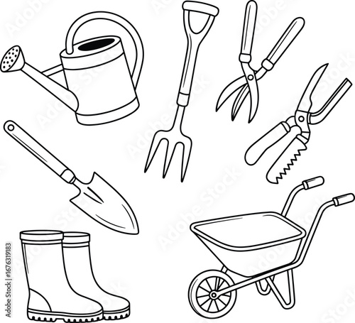 Gardening tools vector illustration, including watering can, garden fork, pruning shears, loppers, trowel, boots, wheelbarrow, isolated on white background, black and white cad drawing style