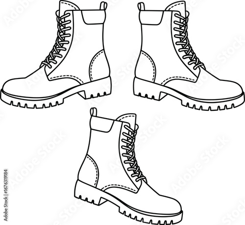 Combat style lace up boot vector illustration, multiple angled views showing rugged sole, high top design and detailed stitching, isolated on white background, cad drawing style