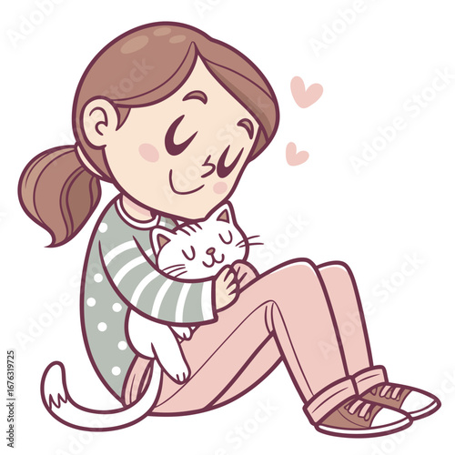 Young girl hugging a white cat with eyes closed and hearts floating around child female