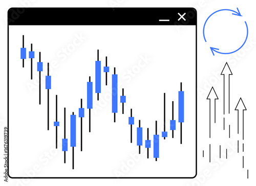 Candlestick chart window with price trend data, circular update arrow, and rising arrows. Ideal for finance, trading, market analysis, business growth, investment planning, data visualization