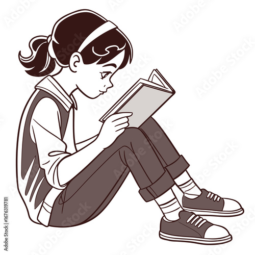 Young Girl Sitting and Reading a Book with a Focused Expression child