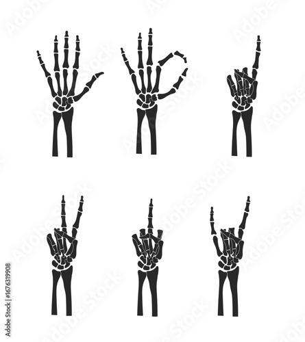 Skeleton hands Halloween set of gestures. Finger bones showing different gestures.
