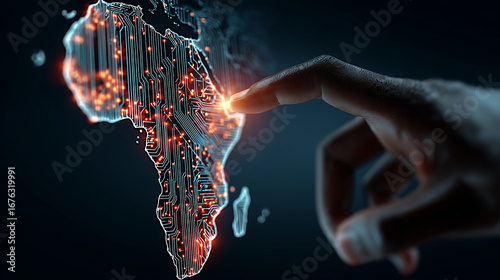 digital map of africa and hand of african scientist - concept of technological growth	
