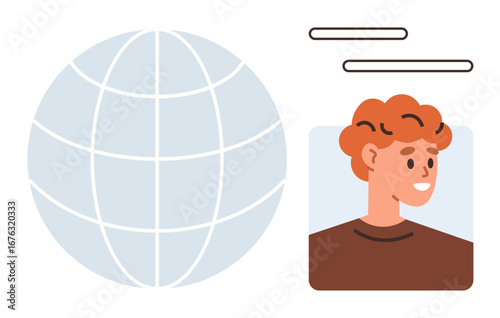 Globe with grid lines beside user avatar and communication symbols. Ideal for global connectivity, user networking, online interaction, community, communication, technology, and simplicity. Flat