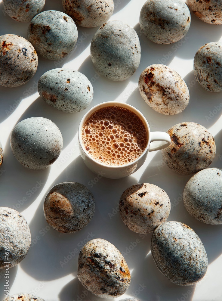 Obraz premium White mug of coffee surrounded by speckled eggs