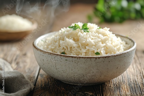 Hot fluffy rice bowl served in pottery high resolution picture
