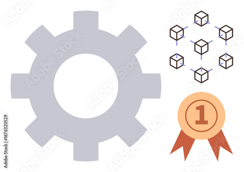Large gear, blockchain cubes representing connectivity and decentralization, first-place badge. Ideal for technology, innovation, teamwork, efficiency, achievement decentralization success. Simple