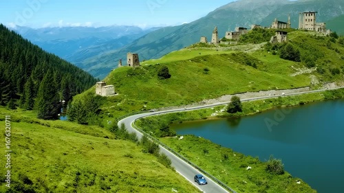 Winding mountain road beside a serene lake, overlooked by ancient stone ruins and lush green hills