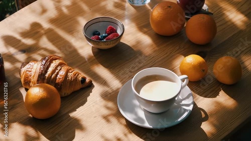 Sunny Morning Breakfast Table with Coffee, Croissant, Berries, and Citrus Fruits in Natural Light