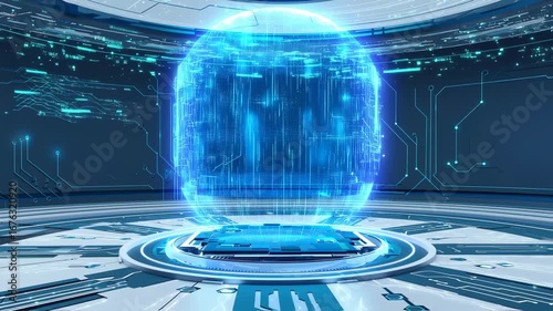 Futuristic Holographic Data Globe in High-Tech Digital Environment