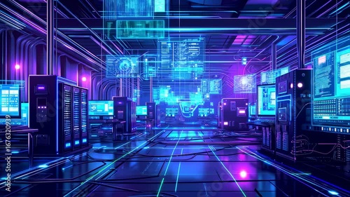 Vibrant Neon Data Center Interior with Servers and Digital Interfaces, High-Tech Computing Environment