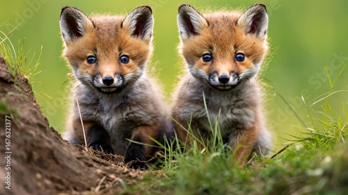 Wallpaper Mural Fox Cubs' Duo: Two adorable fox cubs sit side by side, gazing with wide eyes, exuding a sense of curiosity and charm against a soft, natural background. Torontodigital.ca
