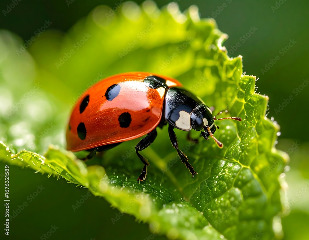 Naklejka premium Ladybug on a vibrant green leaf (1)