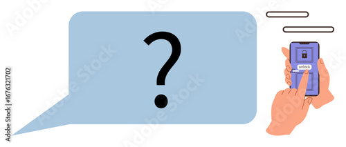 Smartphone screen with unlock icon touched by a hand next to a question mark in a speech bubble. Ideal for technology, cybersecurity, password protection, digital safety, user authentication