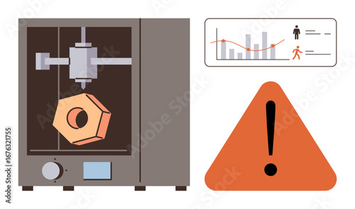 3D printer manufacturing a hex nut, warning triangle signaling error, and graph indicating user and operational data. Ideal for industry, safety, innovation, risk, production analysis mechanics. A