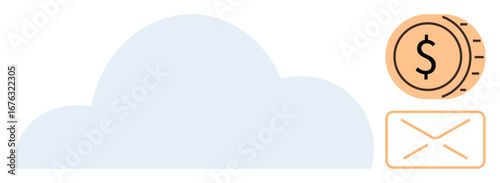 Cloud with simple coin and envelope, representing cloud storage, financial savings, email, data sharing, digital security, online services, and efficient communication. Ideal for technology savings