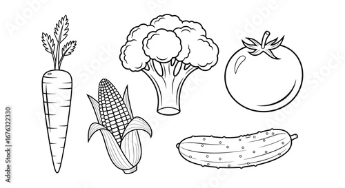 Collection of Fresh Vegetables Isolated on White Background Line Art