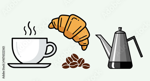 Delicious Croissant Hot Coffee Cup And Coffee Beans Isolated On White Background