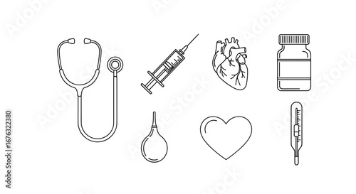 Medical Health Care Icons Cardiology Instruments Equipment Symbolism Isolated on White Background