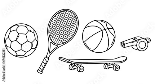 Collection of Sports Equipment and Athletic Gear Isolated on White Background
