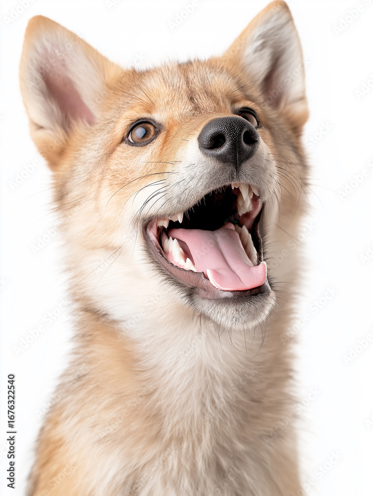 Fototapeta premium Happy Shiba Inu puppy smiling with ears up and tongue out in a cute portrait