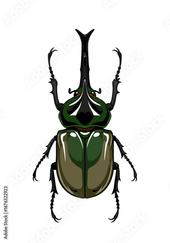 Majestic green Hercules beetle with a large forked horn. A detailed top-down vector illustration of a powerful insect isolated on a white background