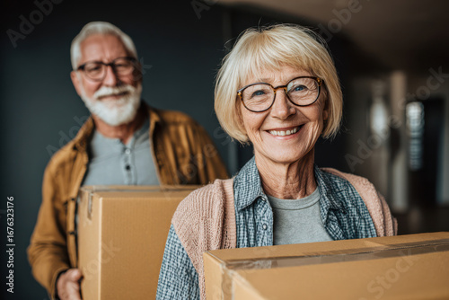 Smiling senior couple carrying boxes while moving into new home during retirement or relocating to care home