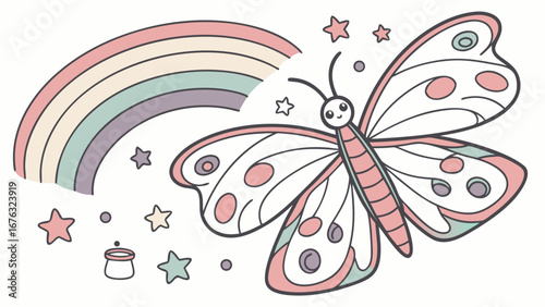 Vector illustration of a Curious  Butterfly, styled in a Rainbow theme using Pastel Rainbow colors