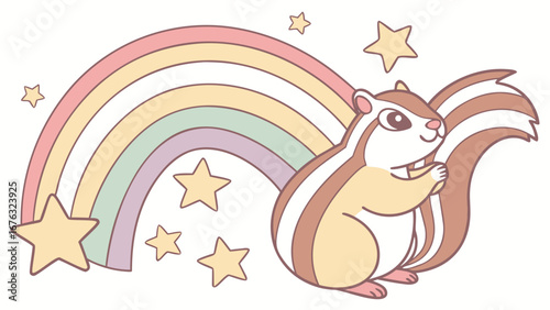 Delightful Content  Chipmunk in a Rainbow scene – Pastel Rainbow vector illustration