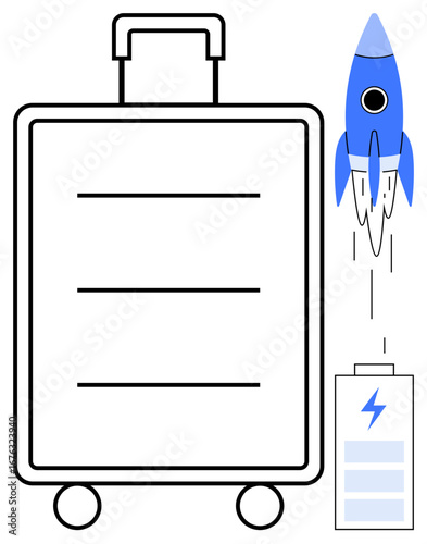 Minimalistic design of rolling suitcase, blue rocket launching upward, and charging battery. Ideal for travel, innovation, mobility, progress, energy, technology futuristic concepts simple flat