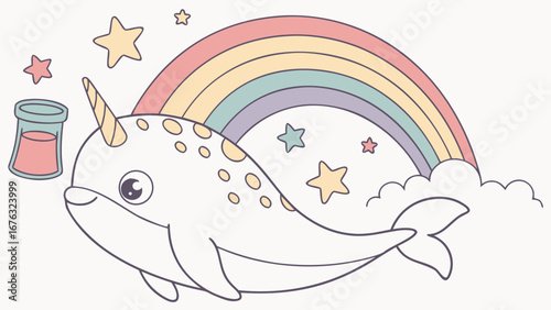 Pastel Rainbow colored  Beluga Whale with a Content touch, placed in a Rainbow theme
