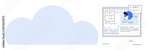Large blue cloud beside a dashboard with graphs, pie charts, and data panels. Ideal for cloud computing, analytics, data management, SaaS, remote work, business tools simple landing page