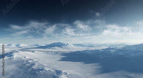 Wallpaper Mural A stunning view of a sprawling icy expanse, where snow-covered mountains rise in the distance beneath a vast, cloudy sky. The frozen wilderness stretches out endlessly, evoking the majesty and isolati Torontodigital.ca