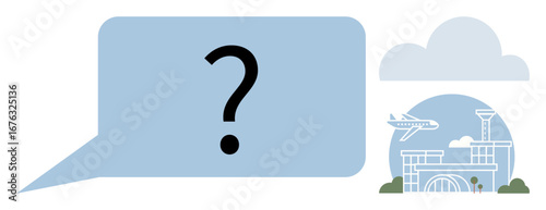 Blue speech bubble with a large question mark, airplane flying near an airport terminal under a cloud. Ideal for travel inquiry, helpdesk, customer service, communication, airport services, aviation
