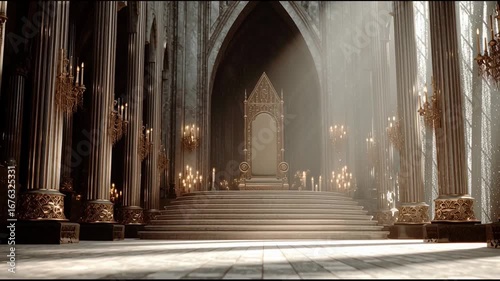 Majestic fantasy throne room in dark magical hall. Awe inspiring empty palace with powerful light beam on royal seat