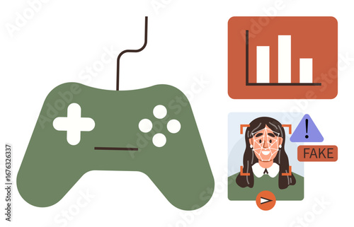 Green gaming controller beside graph chart, fake person detection indication with warning icon. Ideal for gaming, analytics, technology, AI, online safety, entertainment cybersecurity. Simple flat