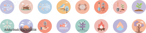 Set of 16 flat circular icons with pastel and earth tone colors depicting nature and environmental themes