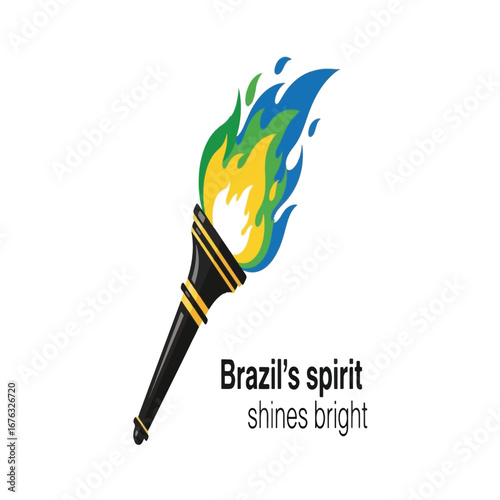 Illustration of a ceremonial torch with a flame in the colors of the Brazilian flag, green, yellow, and blue, symbolizing the nation's spirit.