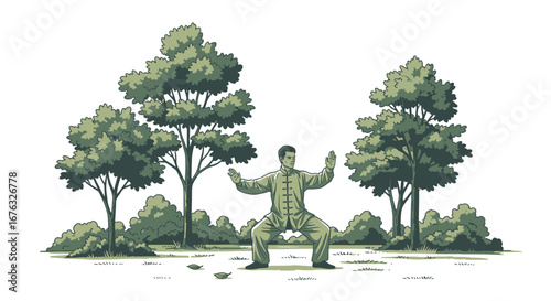 A serene illustration of a man practicing Tai Chi in a natural park setting