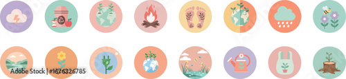 Set of 16 circular nature and outdoor-themed icons with pastel and saturated color palette