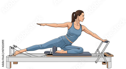 Illustration of a Focused Woman Practicing Pilates on a Reformer Machine