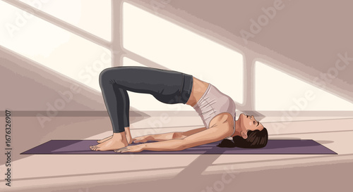 Illustration of a woman performing a bridge pose on a yoga mat indoors