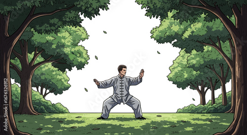 Illustration of a man practicing Tai Chi in a serene woodland setting